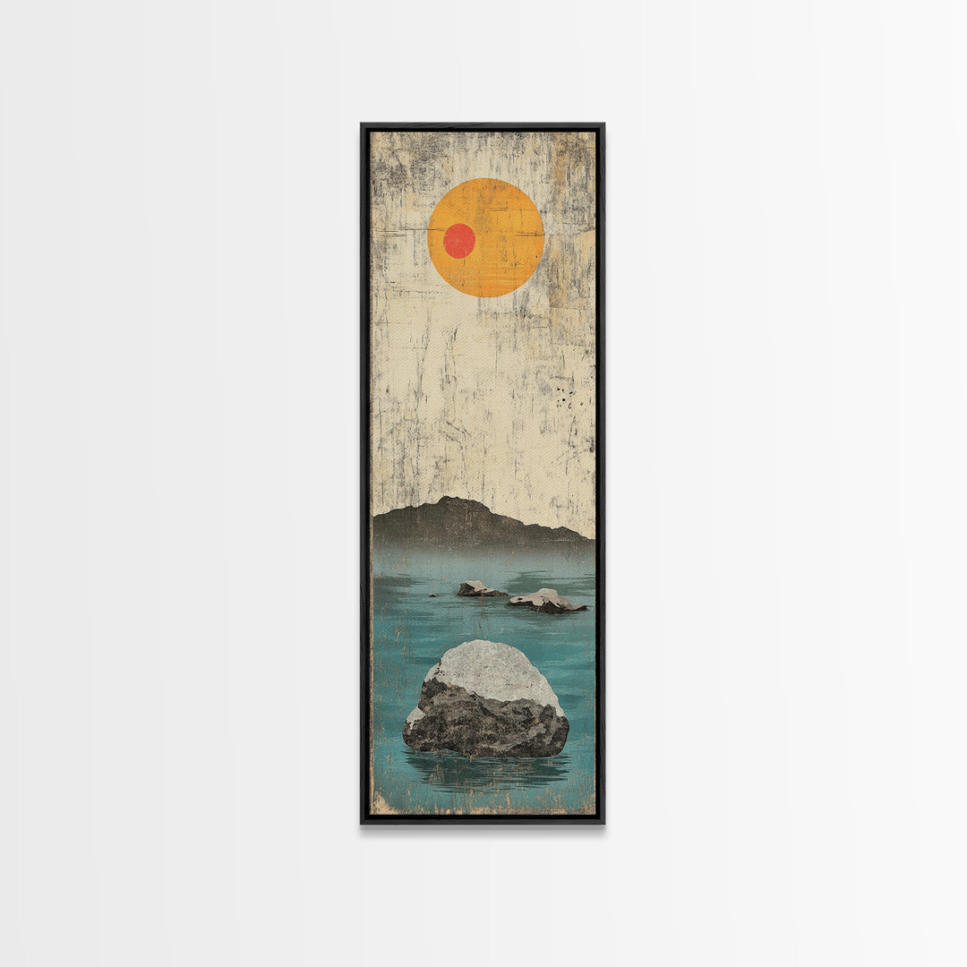 Minimal Ocean Rocks Beneath Yellow Sun Canvas Print, Japanese Seascape Wall Art, Neutral Coastal Decor, Zen Home Decor Gift