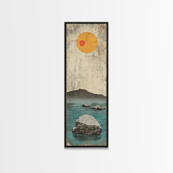 Minimal Ocean Rocks Beneath Yellow Sun Canvas Print, Japanese Seascape Wall Art, Neutral Coastal Decor, Zen Home Decor Gift
