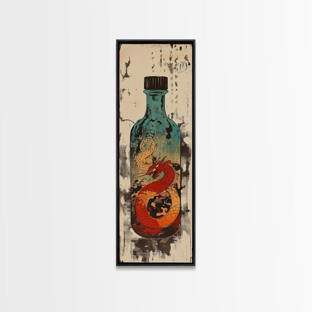 Red Dragon In Glass Bottle Wall Art, Japanese Fantasy Ocean Print, Nautical Decor, Unique Gift For Him, Asian Art, Statement Wall Decor