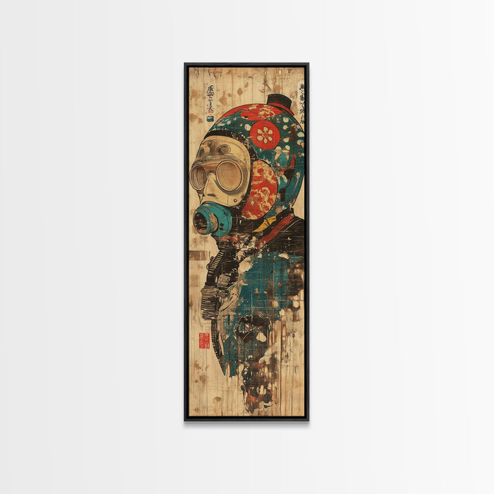 Steampunk Gas Mask Diver Helmet Framed Canvas Print, Japanese Cyberpunk Wall Art, Industrial Decor, Sci Fi Gift For Him Poster