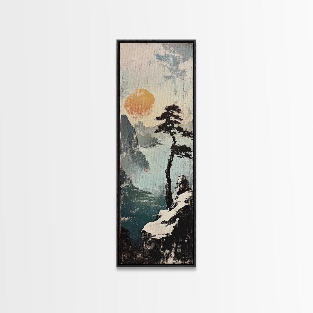 Misty Cliff Pine Lake Canvas Print, Japanese Landscape Wall Art, Neutral Nature Poster, Zen Home Decor, Office Wall Decor