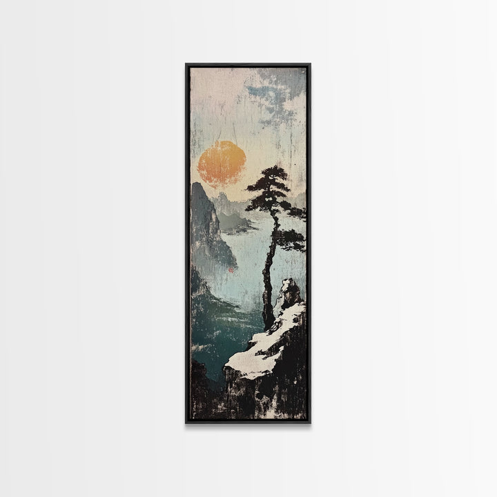 Misty Cliff Pine Lake Canvas Print, Japanese Landscape Wall Art, Neutral Nature Poster, Zen Home Decor, Office Wall Decor