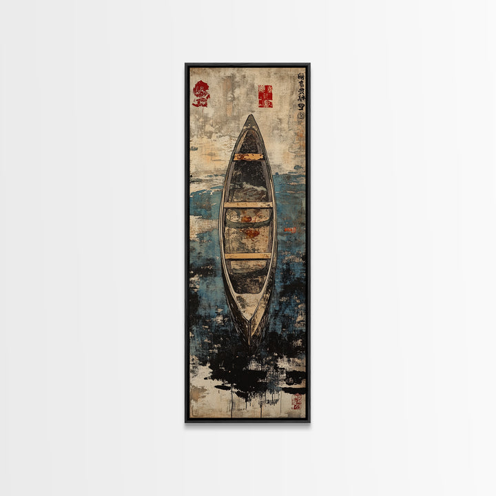 Weathered Canoe On Deep Blue Water Canvas Print, Coastal Boat Wall Decor, Nautical Lake House Art Print, Rustic Home Decor