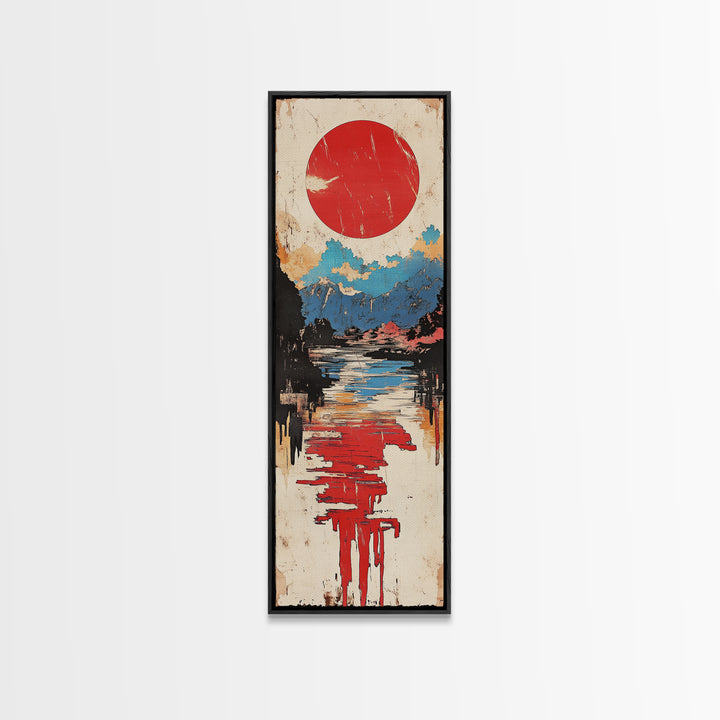 Red Sun Over Reflective Lake Wall Art, Japanese Landscape Print, Modern Coastal Decor, Serene Living Room Canvas Print, Home Decor