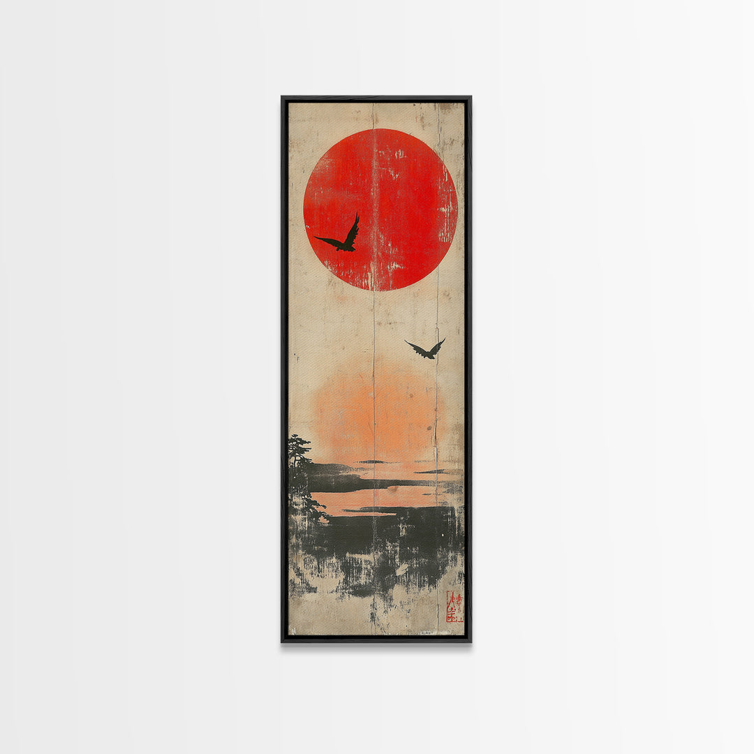 Red Sun And Birds Over Misty Lake Wall Art, Japanese Landscape Print, Minimalist Nature Decor, Serene Canvas Print, Home Decor