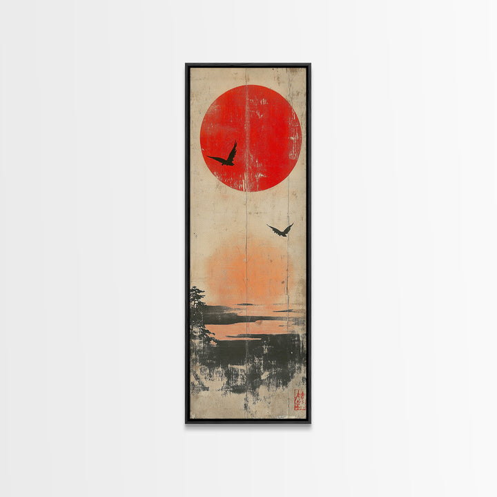 Red Sun And Birds Over Misty Lake Wall Art, Japanese Landscape Print, Minimalist Nature Decor, Serene Canvas Print, Home Decor
