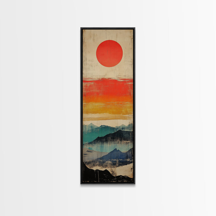 Red Sun Above Layered Blue Mountains Wall Art, Japanese Landscape Canvas Print, Mid Century Decor, Modern Living Room Art
