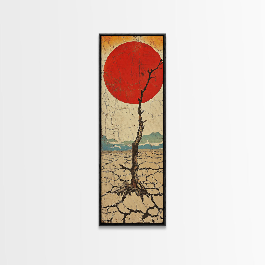 Red Sun Desert Tree Wall Art, Japanese Inspired Landscape Print, Rustic Wabi Sabi Decor, Long Narrow Canvas For Living Room