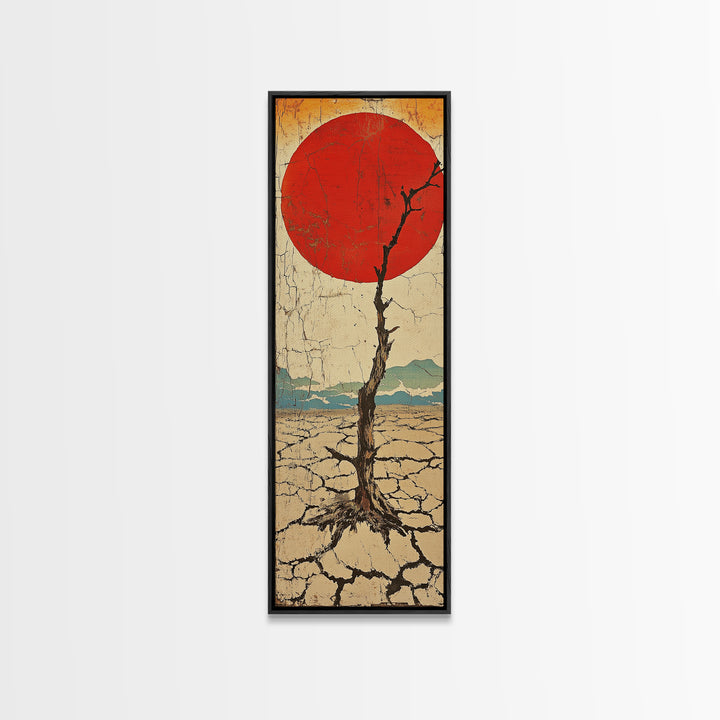 Red Sun Desert Tree Wall Art, Japanese Inspired Landscape Print, Rustic Wabi Sabi Decor, Long Narrow Canvas For Living Room