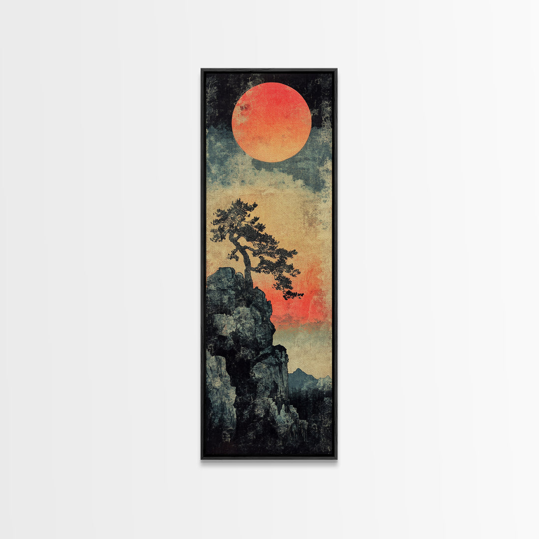 Cliff Pine Red Sun Framed Canvas Print, Japanese Landscape Wall Decor, Moody Nature Art, Vertical Poster For Living Room