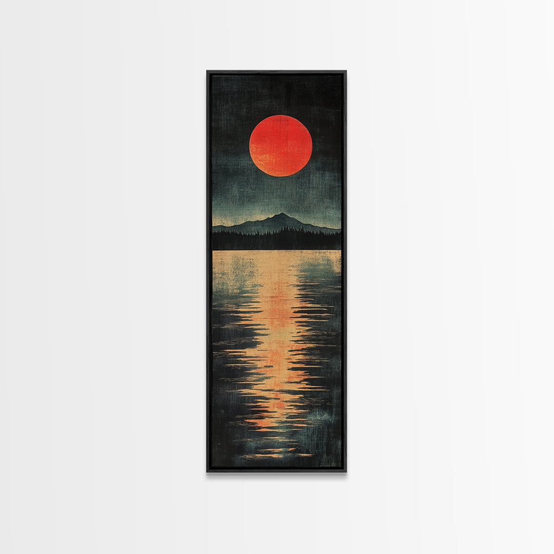 Red Sun Mountain Lake Canvas Print, Japanese Landscape Wall Decor, Moody Reflection Art, Long Narrow Poster For Modern Living Room