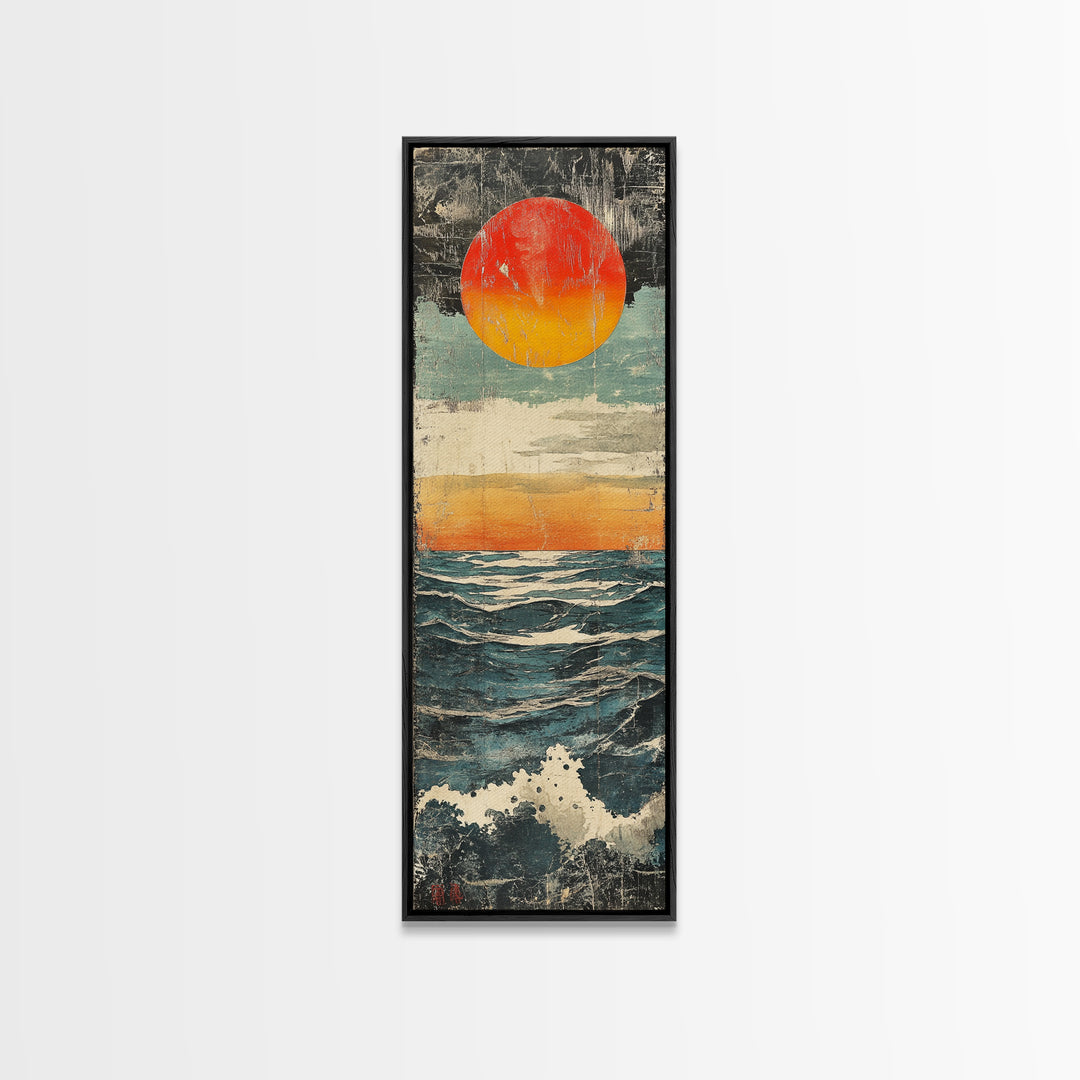 Abstract Ocean Sunset Wall Art, Red Sun Seascape Print, Coastal Wall Decor, Textured Wave Poster For Beach House Living Room