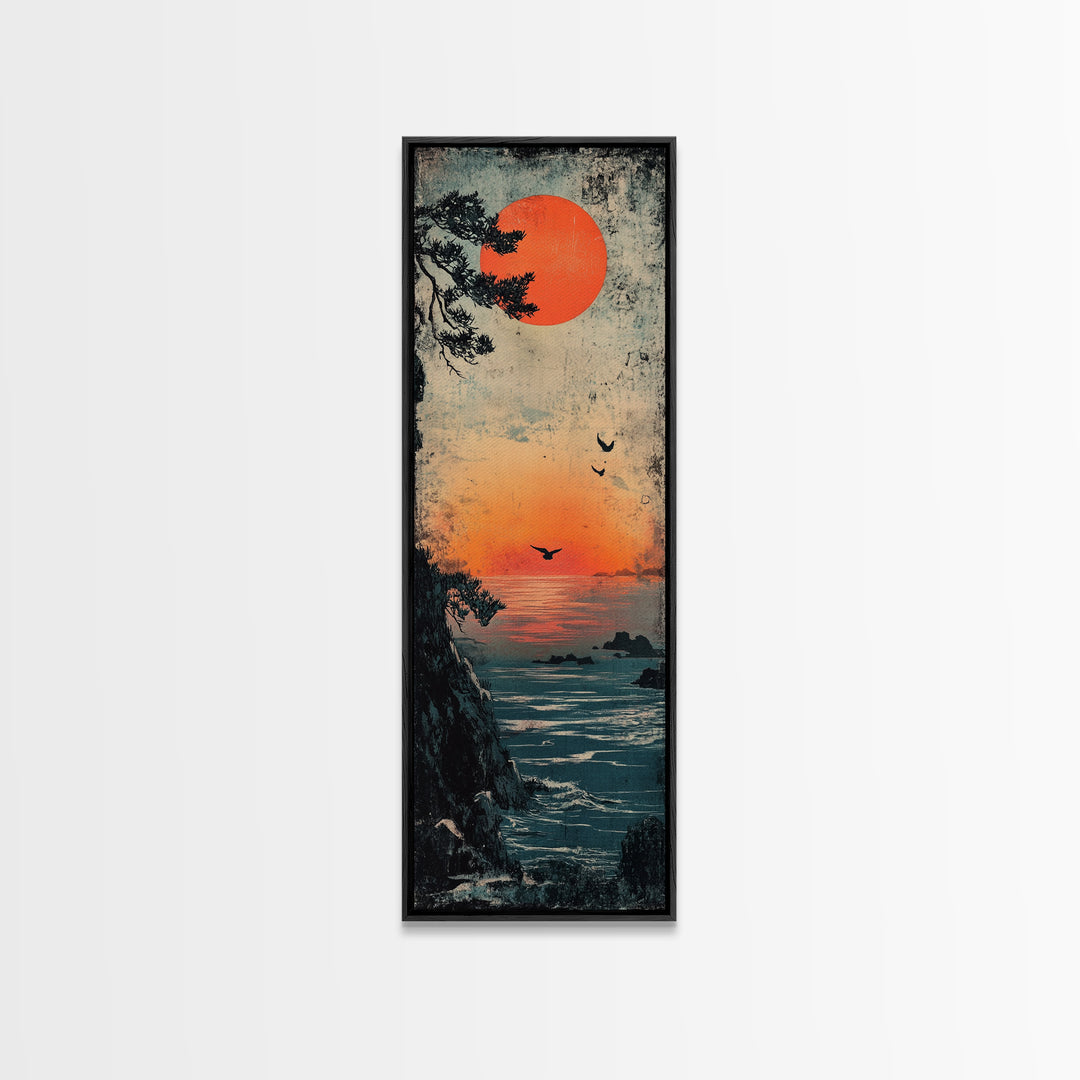 Coastal Cliff Red Sun Framed Canvas Print, Japanese Seascape Wall Art, Moody Ocean Decor, Bird Poster For Bedroom Or Office