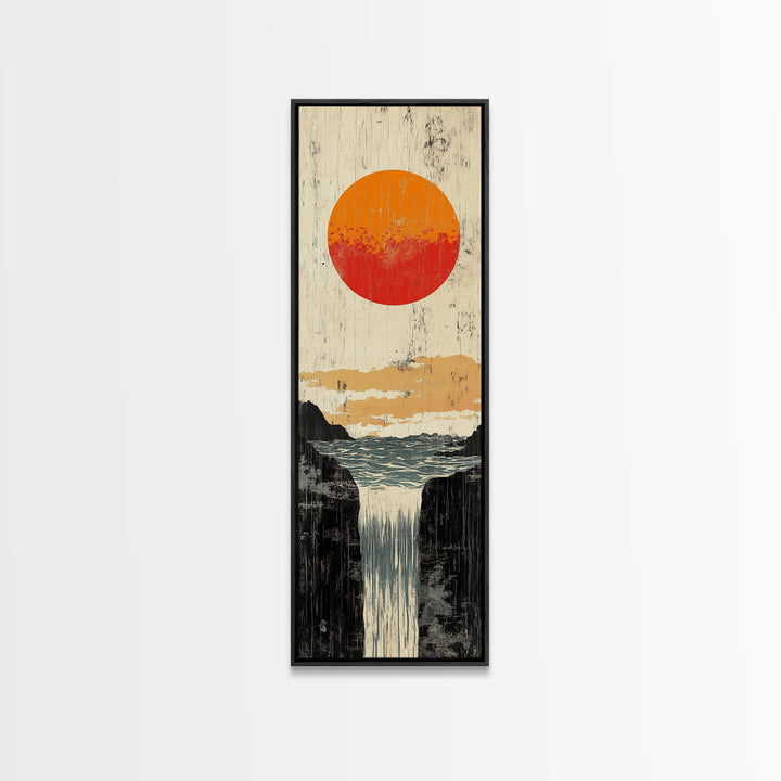 Orange Sun Waterfall Canvas Print, Japanese Cliff Landscape Wall Decor, Nature Poster, Wabi Sabi Art For Bathroom Or Office