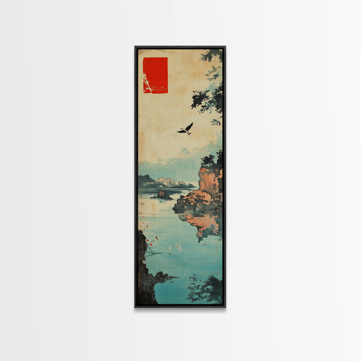 Quiet Japanese Coast With Bird Wall Art, Ukiyo E Landscape Print, Asian Inspired Decor, Tranquil Lake Home Decor For Living Room