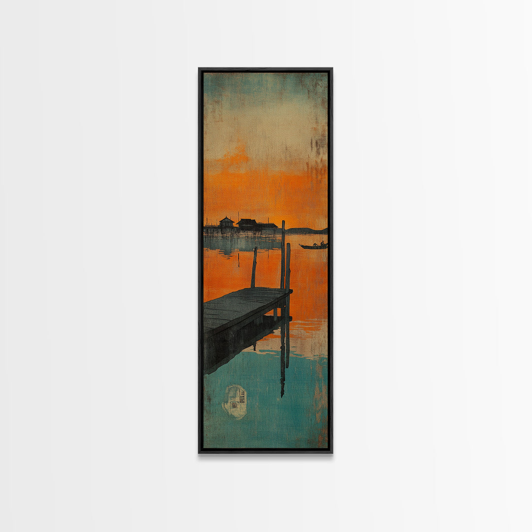 Orange Sunset Dock Wall Art, Moody Seascape Canvas, Coastal Wall Decor, Lake House Decor For Nautical Living Room, Home Decor