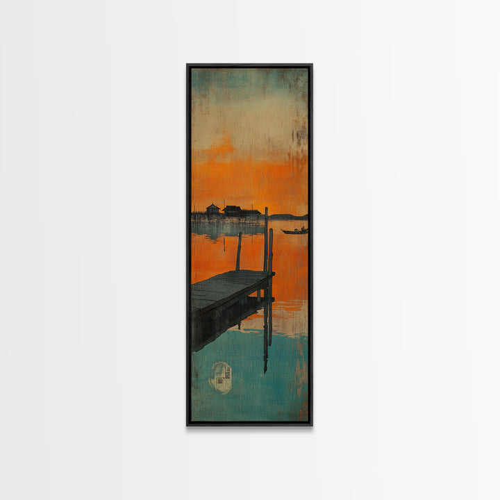 Orange Sunset Dock Wall Art, Moody Seascape Canvas, Coastal Wall Decor, Lake House Decor For Nautical Living Room, Home Decor