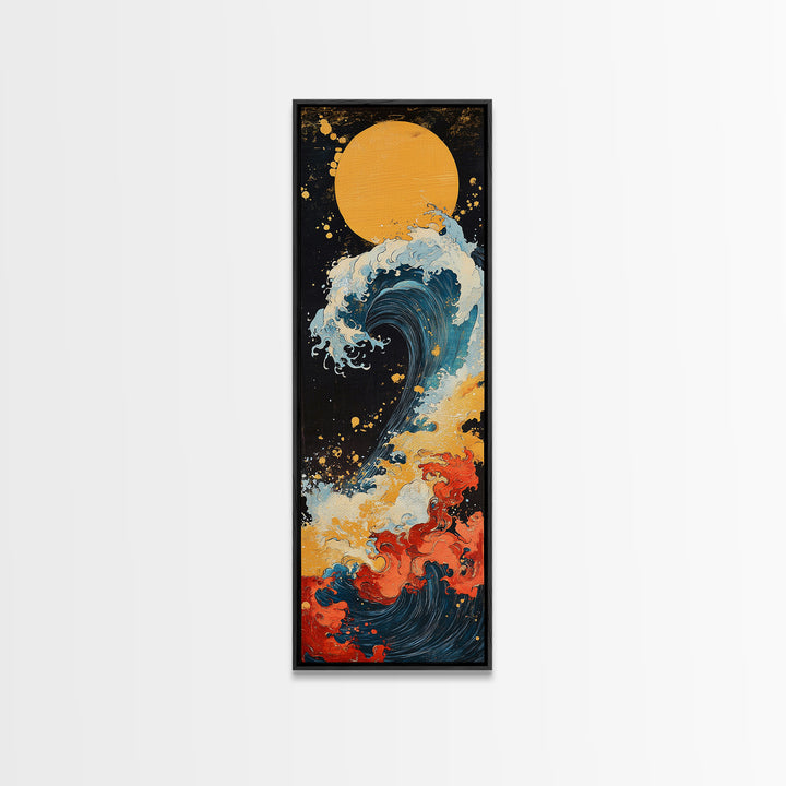 Golden Moon Ocean Wave Framed Canvas Print, Japanese Wall Art, Coastal Decor, Bold Ukiyo E Seascape For Modern Home Decor