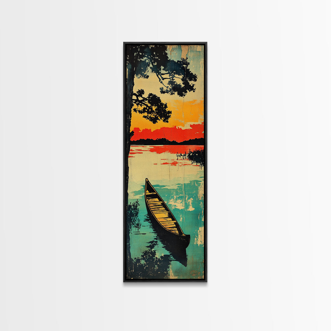 Canoe On Sunset Lake Wall Art, Japanese Landscape Canvas Print, Rustic Cabin Home Decor, Teal Water Long Vertical Art Print