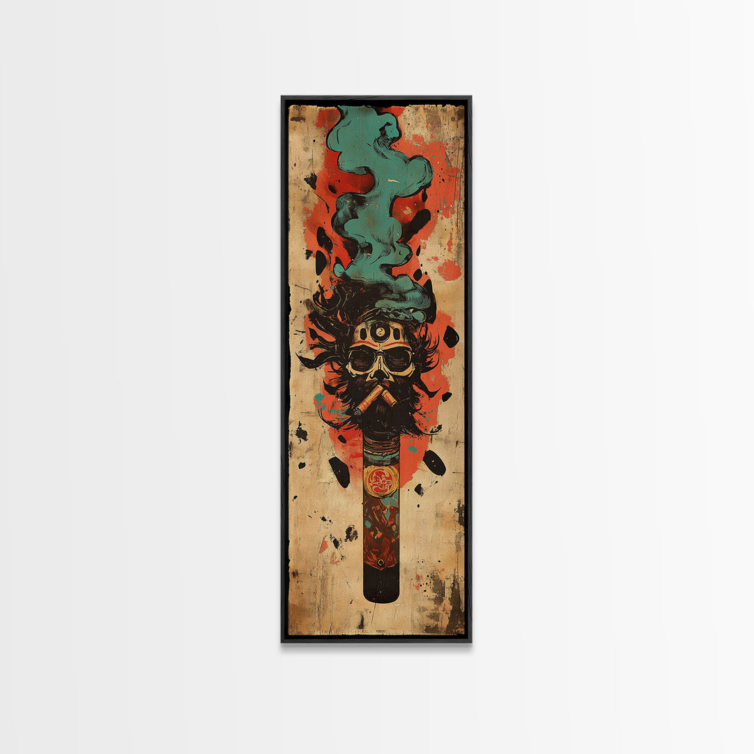 Smoking Tribal Mask With Teal Smoke Canvas Print, African Inspired Art, Afrocentric Wall Decor, Bold Man Cave Decor Gift