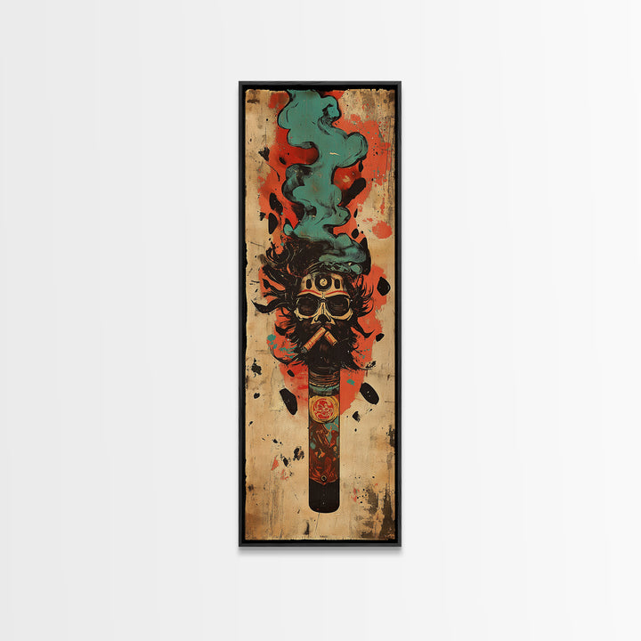 Smoking Tribal Mask With Teal Smoke Canvas Print, African Inspired Art, Afrocentric Wall Decor, Bold Man Cave Decor Gift
