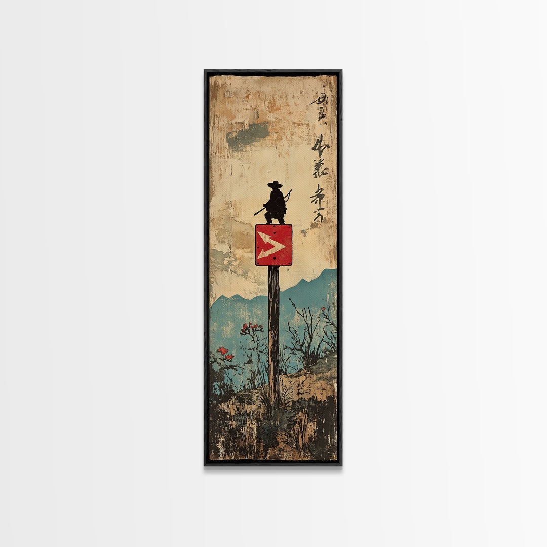 Samurai Silhouette On Mountain Signpost Wall Art, Japanese Landscape Print, Asian Inspired Decor, Long Narrow Home Decor Gift
