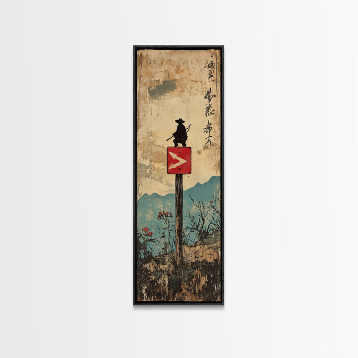 Samurai Silhouette On Mountain Signpost Wall Art, Japanese Landscape Print, Asian Inspired Decor, Long Narrow Home Decor Gift