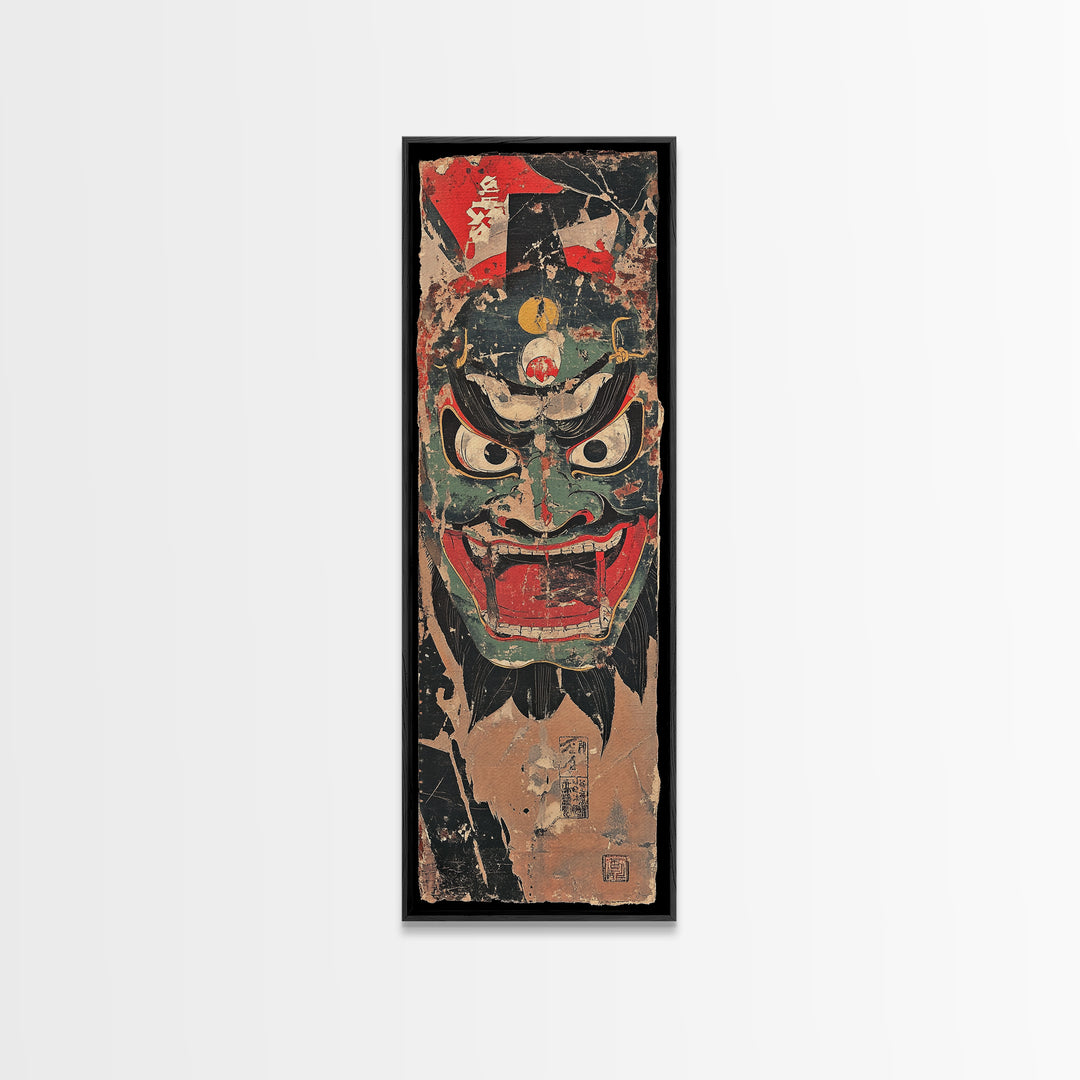 Fierce Japanese Oni Demon Mask Framed Canvas Print, Kabuki Wall Art, Dark Fantasy Decor, Bold Samurai Artwork Gift For Him