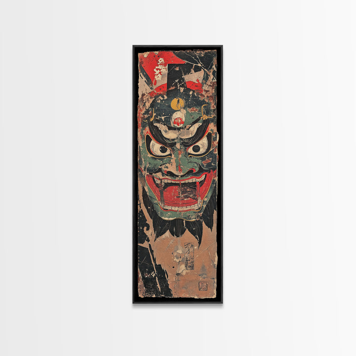 Fierce Japanese Oni Demon Mask Framed Canvas Print, Kabuki Wall Art, Dark Fantasy Decor, Bold Samurai Artwork Gift For Him