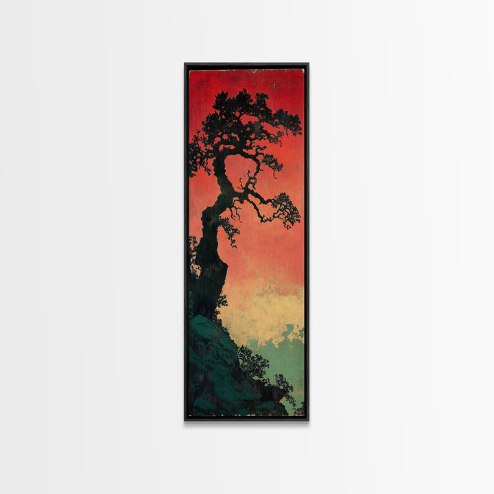 Twisted Black Pine Tree At Red Dusk Canvas Print, Japanese Wall Art, Moody Landscape Decor, Long Narrow Nature Gift For Her