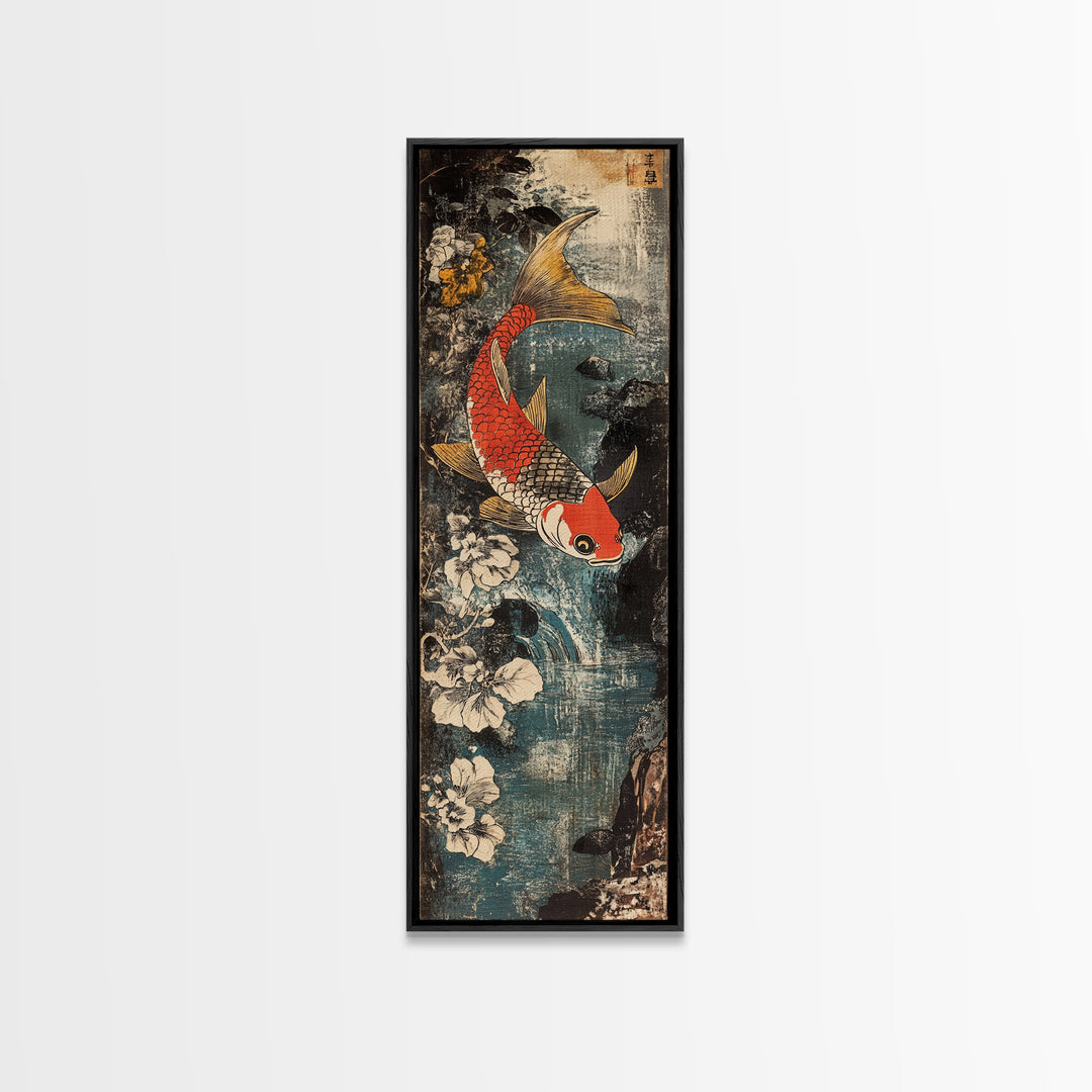 Red And Gold Koi Fish With White Flowers Wall Art, Japanese Koi Art, Asian Bathroom Decor, Zen Nature Canvas Print, Living Room Decor