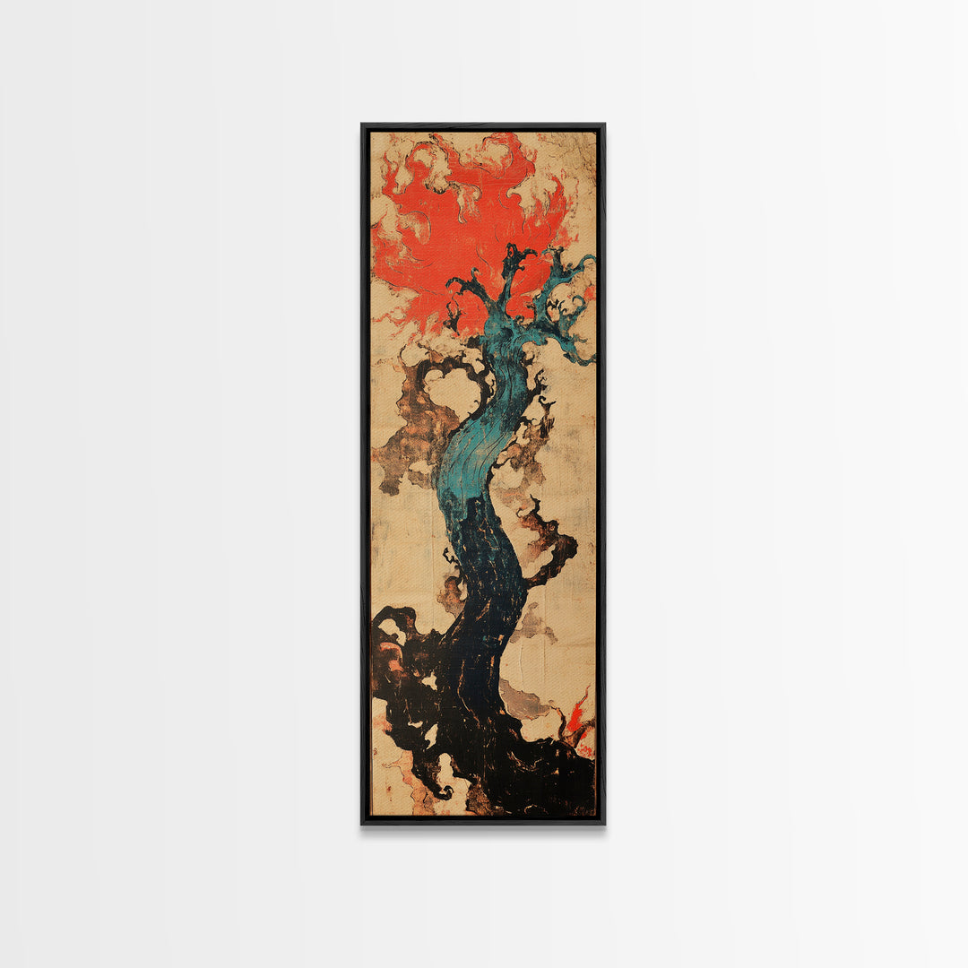 Teal Twisted Tree With Red Flame Clouds Framed Canvas Print, Japanese Abstract Wall Art, Moody Organic Modern Decor, Statement Art