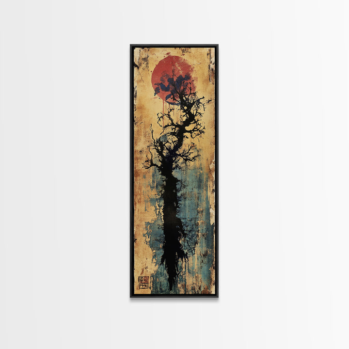 Bare Black Tree Under Crimson Moon Wall Art, Japanese Ink Landscape, Dark Academia Decor, Moody Zen Living Room Art, Canvas Print