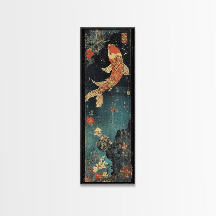 Golden Koi Fish With Coral Flowers Framed Canvas Print, Japanese Koi Wall Art, Zen Bathroom Decor, Asian Nature Art Print