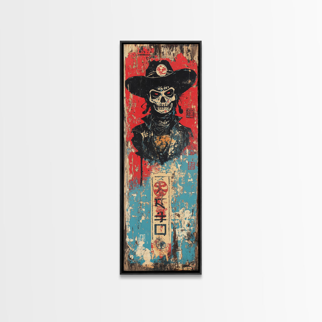 Skeleton Cowboy In Black Hat Wall Art, Gothic Western Canvas Print, Dark Americana Decor For Man Cave And Eclectic Room Decor