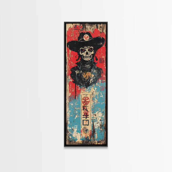 Skeleton Cowboy In Black Hat Wall Art, Gothic Western Canvas Print, Dark Americana Decor For Man Cave And Eclectic Room Decor