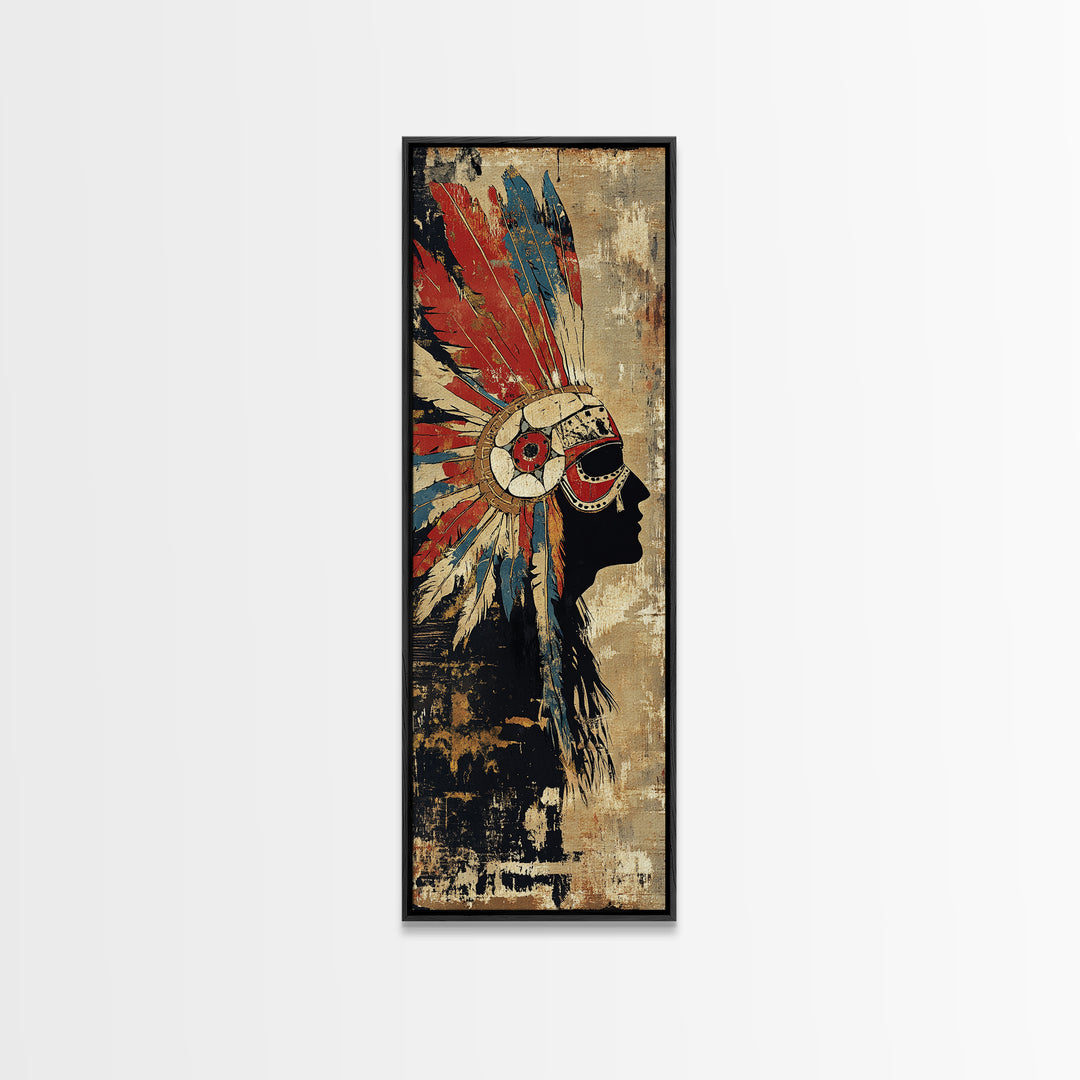 Feather Headdress Profile Wall Art, Tribal Southwestern Canvas Print, Indigenous Inspired Decor For Boho Living Room Wall Decor