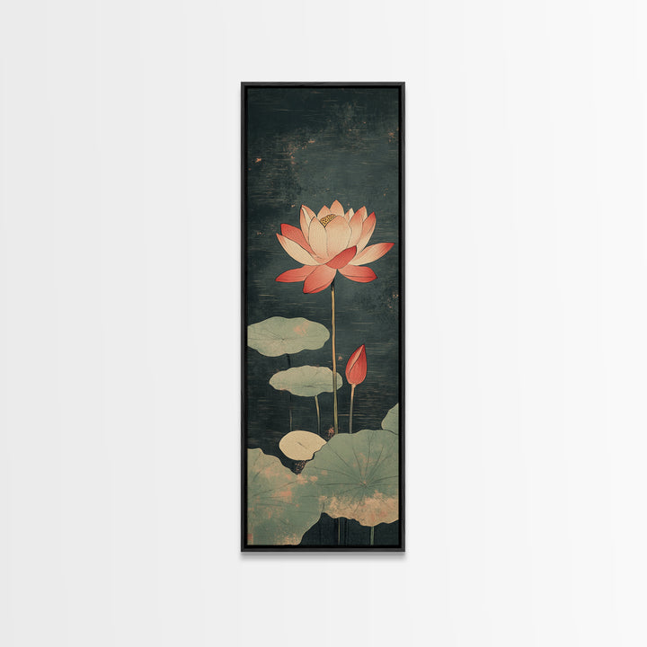 Pink Lotus Flower Pond Wall Art, Japanese Botanical Canvas Print, Serene Nature Decor For Spa Bathroom And Meditation Room