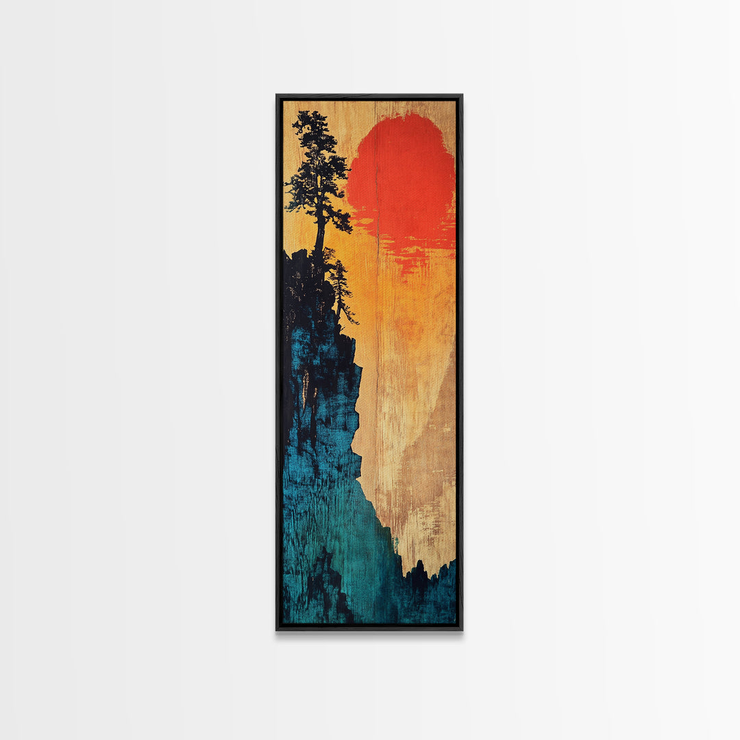 Cliff Silhouette With Red Sun Wall Art, Japanese Landscape Canvas Print, Moody Nature Decor For Living Room And Office Wall Decor