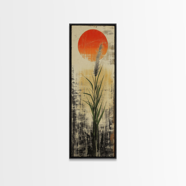 Tall Reed Grass With Red Sun Wall Art, Japanese Botanical Canvas Print, Minimal Nature Decor For Japandi Living Room Wall Decor