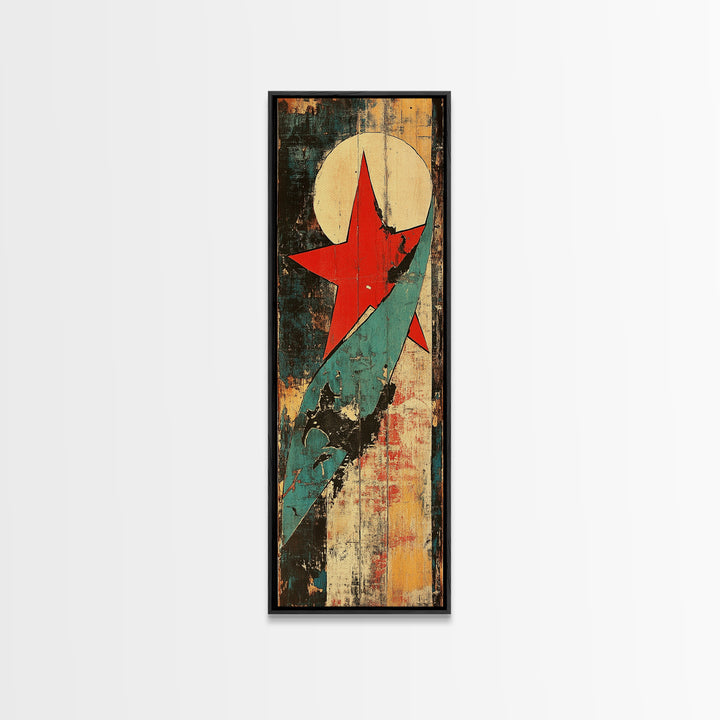 Red Star And Teal Rocket Abstract Canvas Print, Mid Century Modern Wall Art, Retro Futuristic Art, Bold Office Decor, Home Decor