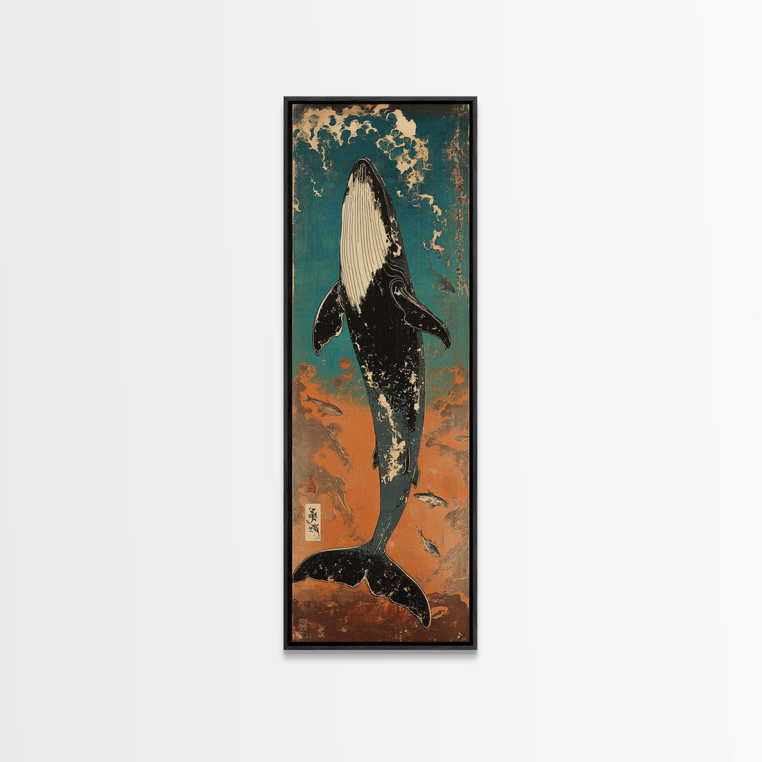 Humpback Whale Rising Through Teal Waves Wall Art, Japanese Woodblock Style, Ocean Wall Art, Marine Life Art, Coastal Decor