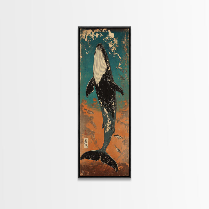 Humpback Whale Rising Through Teal Waves Wall Art, Japanese Woodblock Style, Ocean Wall Art, Marine Life Art, Coastal Decor