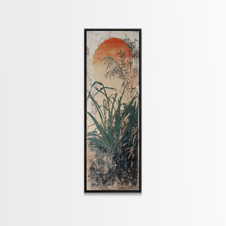 Orange Sun And Wild Grass Wall Art, Japanese Botanical Print, Japandi Decor, Minimalist Nature Art, Vertical Canvas Print