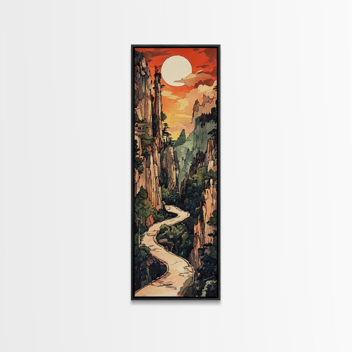 Sunset Canyon River Wall Art, Japanese Landscape Print, Mountain Wall Decor, Large Horizontal Art, Framed Canvas Print, Living Room Decor