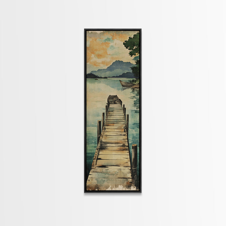 Quiet Lake Dock Framed Canvas Print, Mountain Landscape Wall Art, Serene Nature Decor, Coastal Cabin Living Room Art Print