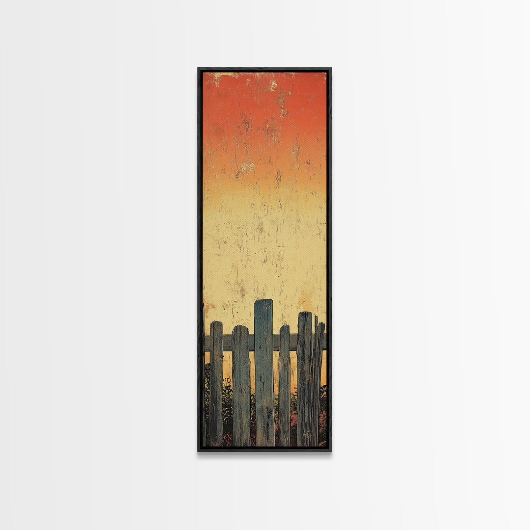 Weathered Fence Sunset Wall Art, Rustic Minimalist Landscape Print, Orange Sky Farmhouse Decor, Tall Vertical Canvas Print