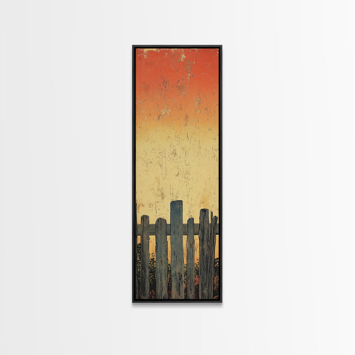 Weathered Fence Sunset Wall Art, Rustic Minimalist Landscape Print, Orange Sky Farmhouse Decor, Tall Vertical Canvas Print
