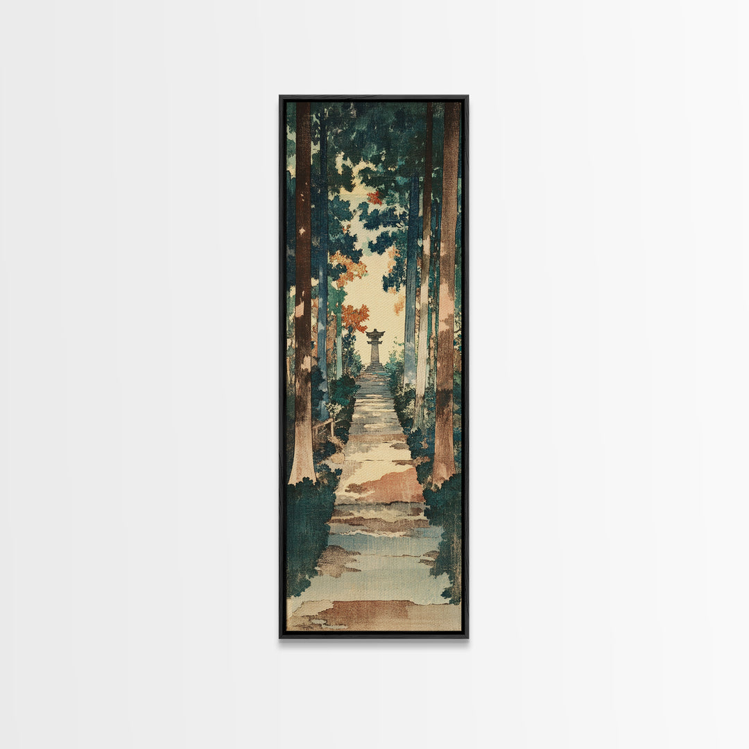 Forest Path Shrine Wall Art, Japanese Garden Canvas Print, Moody Woodland Landscape Decor, Tall Vertical Entryway Wall Art