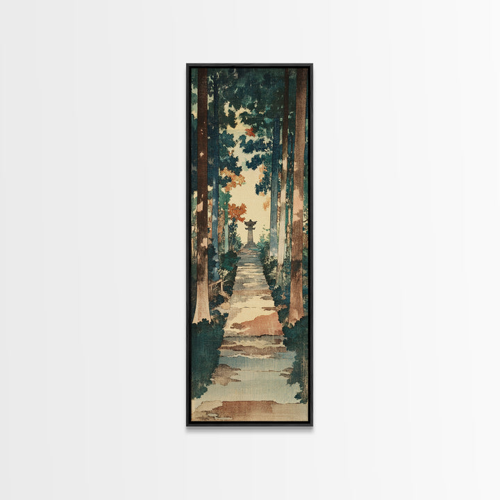 Forest Path Shrine Wall Art, Japanese Garden Canvas Print, Moody Woodland Landscape Decor, Tall Vertical Entryway Wall Art
